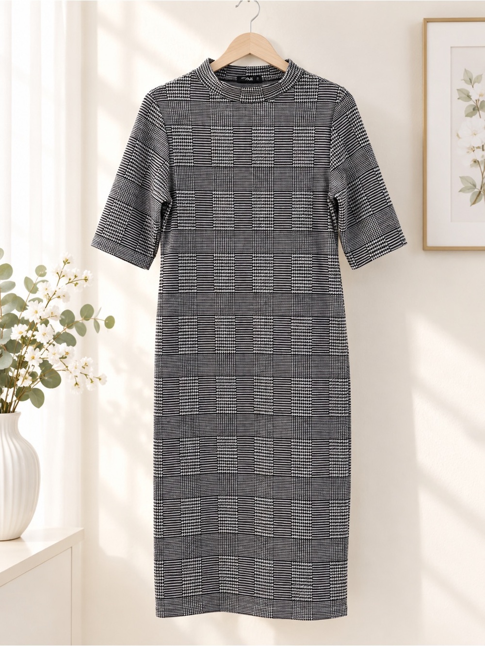Popular Basics Black and White Plaid Midi Dress